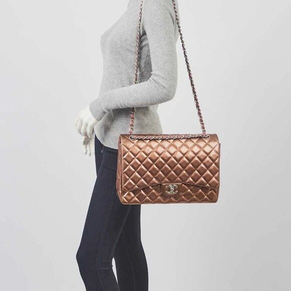 Chanel Bronze Striated Quilted Patent Leather Classic Maxi Double Flap Bag - Picture 9 of 11
